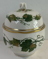 Hollohaza Porcelain Covered Trinket Bowl Green Leaves Gold Grapes 5” Hungary picture