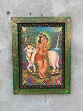 Krishna Photo with Painted handmade Frame, Bal Krishna Vintage Photo - 8.5x11.5