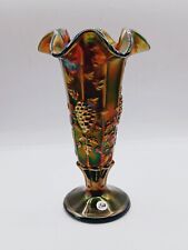 Vintage Fenton Carnival Glass Footed Paneled Grape Ruffle Top Vase 8½
