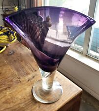 Vintage Blenko Handmade Amethyst Purple Fan Art Blown Glass Vase With Clear Base picture