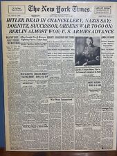 VINTAGE NEWSPAPER HEADLINE ~ ADOLPH HITLER DEAD GERMANY FALLS WORLD WAR 2 1945 picture