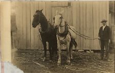 Postcard Rppc Vintage Horses Man In Front Of Barn. Damaged Corner Of Postcard picture