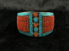 Unique Vintage Tibetan Nepalese Cuff Bangle With Turquoise And Coral Stone picture