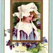 c1900s Psalm 23 Full Bible Quote Trade Card Cute Bonnett Girl Embossed Jesus C34 picture