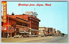 Postcard UT Logan Main Street Capitol Theater S&H Hotel Vintage Cars Cache Valle picture