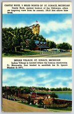Roadside View~St Ignace Michigan~Castle Rock & Indian Village~PM 1958~Postcard picture