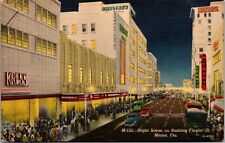 Miami Florida~Night Scene on Bustling Flagler St~Cars~Stores~Linen Postcard~1962 picture
