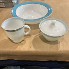 Vintage PYREX Milk Glass Turquoise Gold Band Creamer and Sugar Dish Set picture