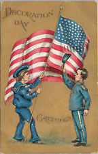 Lithograph Decoration Day Patriotic Girl Holding Flag Boy Saluting 1909 picture