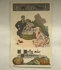 Antique 1907 Halloween Greeting Card Fred C. Lounsbury Woman Bobbing for Apples picture