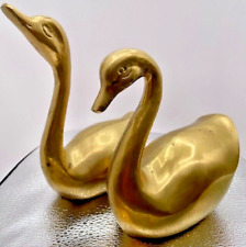 Vintage Set of 2 Brass Swan Figurines Heavy Solid Brass picture