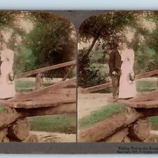 1895 Taking Toll Rural Districts Hand Colored Real Photo Stereo Card Kissing V5 picture