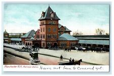 c1905s Carriage Scene, Railroad Station, Manchester New Hampshire NH Postcard picture