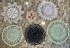 Vintage Lot Of 6 Crochet Handmade Doilies Green Ivory Brown Black Country  picture
