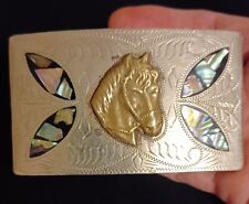 VTG Mexican Silver Tone Engraved Abalone Horse Belt Buckle Western Americana picture