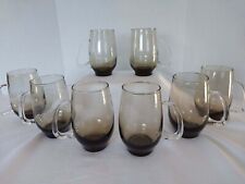 Libbey MCM Vintage Smoked Brown Tempo Glass Beer Tankards Open D Handle Set of 8 picture
