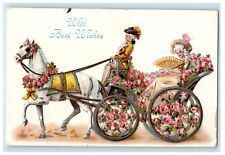 Best Wishes Quen Victoria Riding Horse And Carriage Flowers Embossed Postcard picture