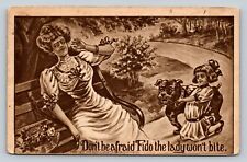 c1909 Girl with Dog Near Frightened Lady in Dress on Bench ANTIQUE Postcard 1245 picture