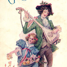 Antique 1908 Greetings Yellow Roses Dancing Girl Man Playing Mandolin Postcard picture