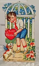 Vintage Valentine's Day Card Die Cut Boy W/ Dog Forget Me Nots Flowers Gazebo  picture