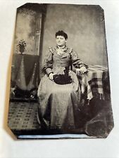 Vintage TIN-TYPE VICTORIAN LADY STRIPPED DRESS HOLDING BLACK FEATHER HAT JEWELRY picture