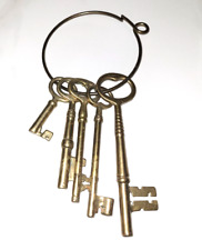 Vintage Large Key Ring W/ 5 Brass Skeleton Keys 10” Gold Decor picture