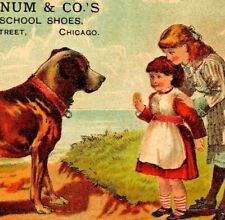 C.1880/90s IP Farnum Shoe Co. Large Dog. Adorable Girls. Victorian Trade Card picture