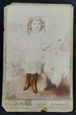 Rare Antique Victorian American Girl With Fur Curly Hair Pig Tail Cabinet Photo picture
