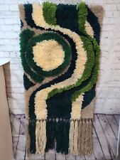 Vtg. Mid Century Modern Abstract Hook Rug Woven Wall Hanging Greens Cream  picture