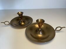 Pair 2 Vtg Solid Brass Candle Holder Drip Plate & Ring Handle 5.5” Round India picture