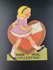 Vintage Valentine Card Carrington Girl Mailing Valentine Large Heart Die Cut picture