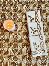 AGHABANI EMBROIDERED TABLECLOTH Gold & Brown Silk on Beige 135 x 67” Approx. picture
