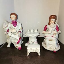 Vtg Victorian Couple Pink/White/Gold Porcelain Figurines Made In Occupied Japan  picture