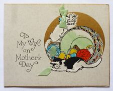 Art Deco Wife Mother's Day Card-CUTE CATS PLAYING WITH SEWING BASKET-Vtg 1930's picture
