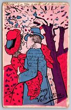 Antique Valentine Postcard See Note Stylized Couple Kissing c1907 Good A7 picture