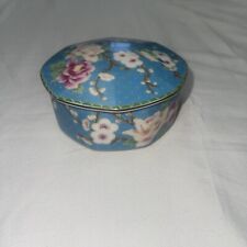 Takahashi Cloisonne Porcelain Trinket Box Round Blue Floral VTG 1981 picture