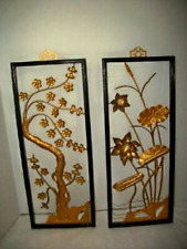 1960 MCM ASIAN THEMED WALL ART PLAQUES METAL FLOWERS BRANCHES BLACK FRAMES Pr picture