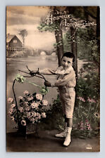 RPPC Young French Boy Birthday Flowers Hand Colored Studio Real Photo Postcard picture