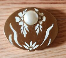 Vintage Compact Mirror Oval Gold w/Pearl Still has Powder Puff inside picture