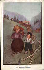 IMJ Folk Art Cute Dutch Children Mountain Home c1910 Vintage Postcard picture