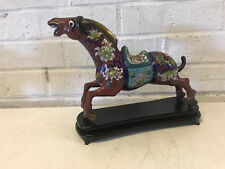 Vintage Chinese Cloisonne Red Horse Statue / Figurine on Wood Stand picture