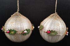 2 Vintage Crinkle Wire Wrapped Christmas Ball Ornaments with Holly picture