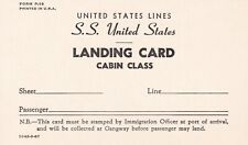 SS United States Cabin Class Landing Card Ocean Liner Memorabilia Souvenir picture