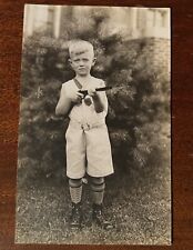 VTG c.1930 RPPC Postcard Small Child Boy Toy Gun Rifle White Shorts Vest Boots picture