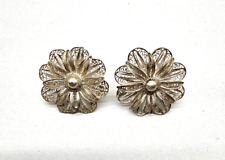 Vintage Sterling Silver Filigree Flower Clip On Earrings Costume Jewelry picture