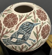 Mata Ortiz Pottery Sgraffito Carved Bird Foliage Seed Pot Eliazar Quintana Art picture