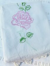 Vintage Cotton Embroidered Floral Pink Rose Standard Pillowcase Crochet Trim picture