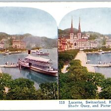 1925 Lucerne, Switzerland Shady Quay Cathedral Steamship Stereoview 1900s V38 picture