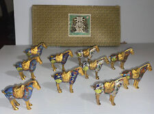 Vintage Lot 10 Miniature Chinese Cloisonne Metal Horses  2.8” L 4 Colors W/ Box picture