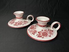 Set of 2 Crown Delft’s Blauw Handwerk Red Floral Candle Holders 3